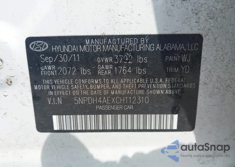 2012 Hyundai Elantra Gls z USA, uszkodzony, nr VIN 5NPDH4AEXCH112310